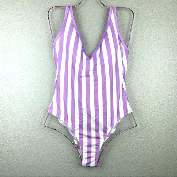 Kona Sol Womens Striped V-Neck Sleeveless One Piece Swimsuit Purple Medium NWT - Picture 1 of 7